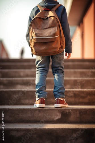 little boy with a backpack walking up the stairs to school