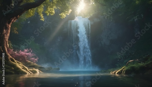 Beautiful magical waterfall in the forest, fantasy and fairy tale whimsical serene background concept Wallpaper, 4k nature created with generative ai  © Chaudhry