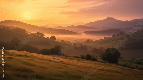 Beautiful meadow with fresh grass in the field and mountains landscape with morning mist