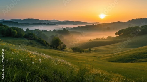 Beautiful meadow with some yellow flowers and fresh grass in the field and mountains landscape with morning fog or mist