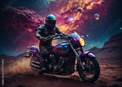 A motorcyclist with a helmet on his head and universe and planets in the background, a night motorcyclist. Generative AI