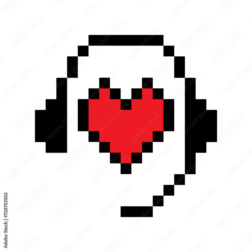 Pixelated heart with headphones icon. Customers help. Bot support. Pixelated heart with headphones icon. Customers help. Bot support.
