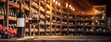 Red Wine Aesthetics in a Traditional Cellar. A bottle and glass of red wine sit on an old wooden table in a cellar, surrounded by racks of wine and a warm, bokeh light ambiance