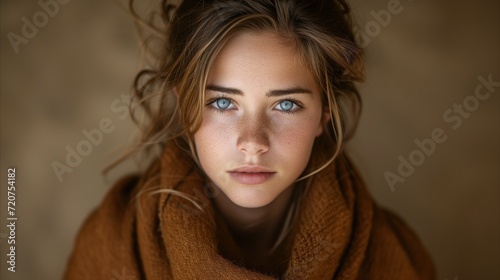 Serene young woman with striking blue eyes and autumn scarf
