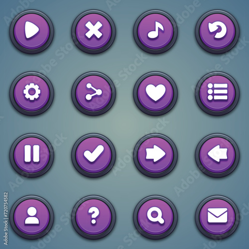 Set of purple round buttons: play, close, music, retry, settings, share, rate, menu, pause, right, arrow, contact, question, search, mail for building games. Casual game button in a cartoon style.