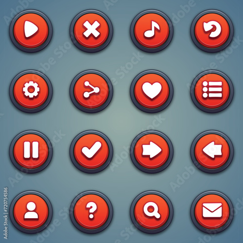 Set of red round buttons: play, close, music, retry, settings, share, rate, menu, pause, right, arrow, contact, question, search, mail for building games. Casual game button in a cartoon style.
