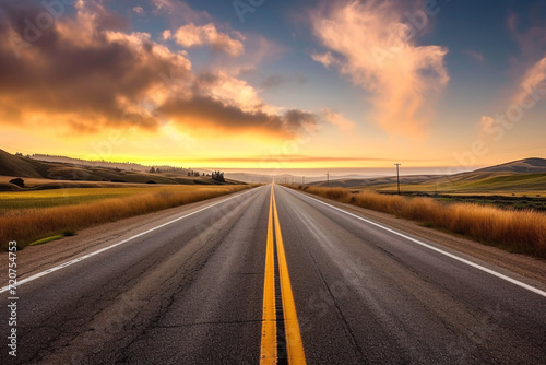 A long open road during sunset depicting the way ahead, goals, hope, adventure, or freedom