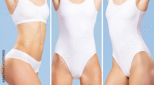 Young, fit, happy and beautiful woman in white swimsuit isolated on white background - set collection. Perfect female body. Healthcare, diet, sport and fitness.
