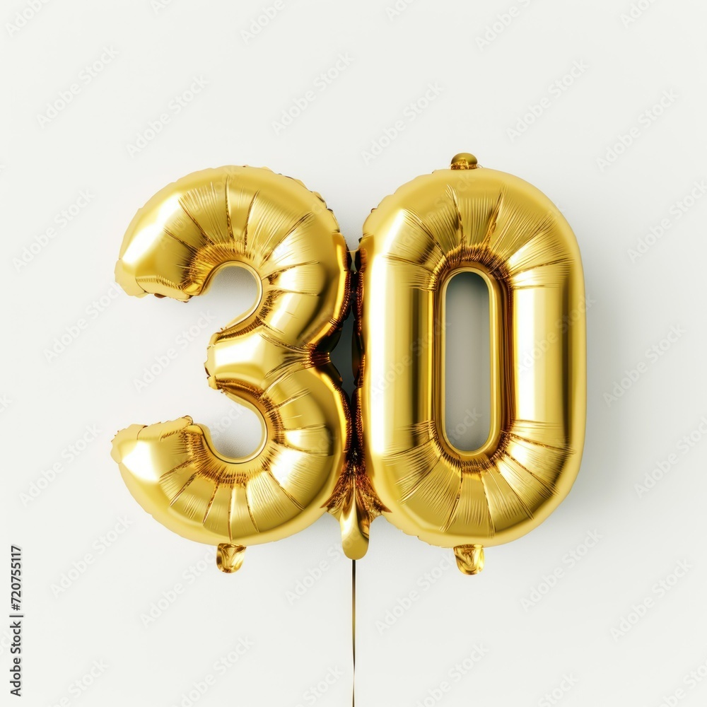 Number Thirty (30) Shaped Golden Foil Balloons on a White Background. Generative AI. Number Thirty (30) Shaped Golden Foil Balloons on a White Background. Generative AI.