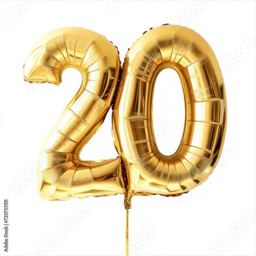 Number Twenty (20) Shaped Golden Foil Balloons on a White Background. Generative AI.