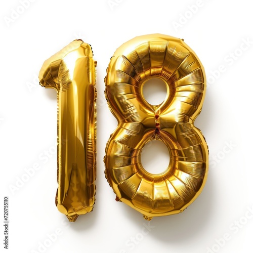 Number Eighteen (18) Shaped Golden Foil Balloons on a White Background. Generative AI.
