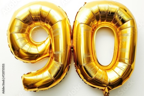 Number Ninety (90) Shaped Golden Foil Balloons Isolated on a White Background. Generative AI.