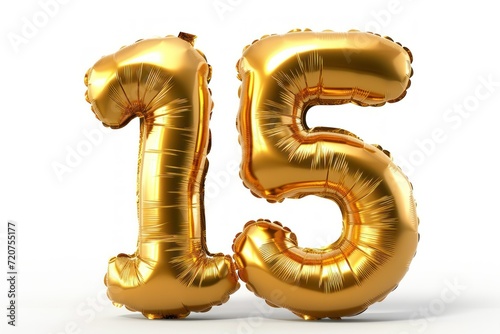 Number Fifteen (15) Shaped Golden Foil Balloons on a White Background. Generative AI.