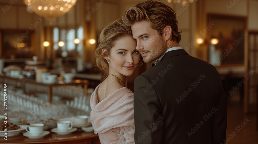 Elegant couple embracing at a luxurious event with warm ambiance