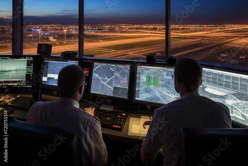The air traffic control tower at an international airport during takeoff of passenger jets