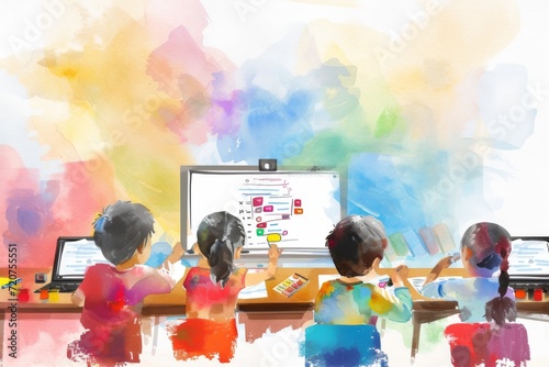 Illustration of vivid technology-infused classroom, showcasing the positive impact of digital tools on learning experiences in primary education