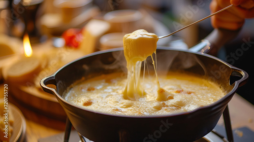 Delicious cheese pull from a fondue pot, captured in a warmly lit setting, epitomizing comfort food. photo
