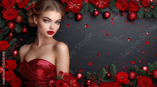 Elegant beauty in red for christmas with festive decor and roses