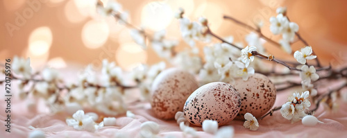 Easter eggs with a natural speckled pattern are softly cradled among white spring blossoms, delicate and romantic scene, sophisticated springtime marketing and decor themes. photo