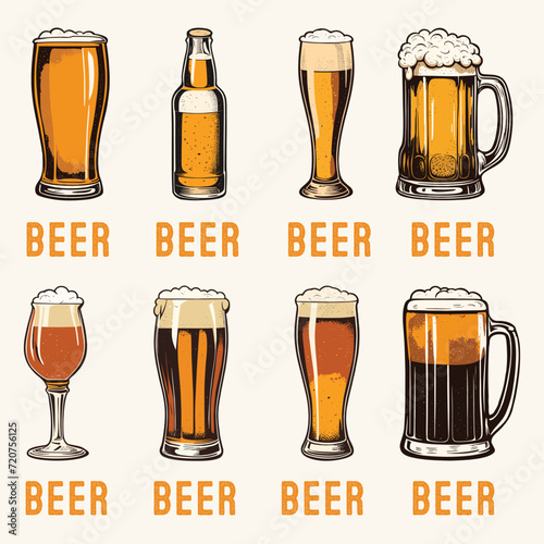 Set of Hand drawn Beer Mug Glass Engraved Vintage