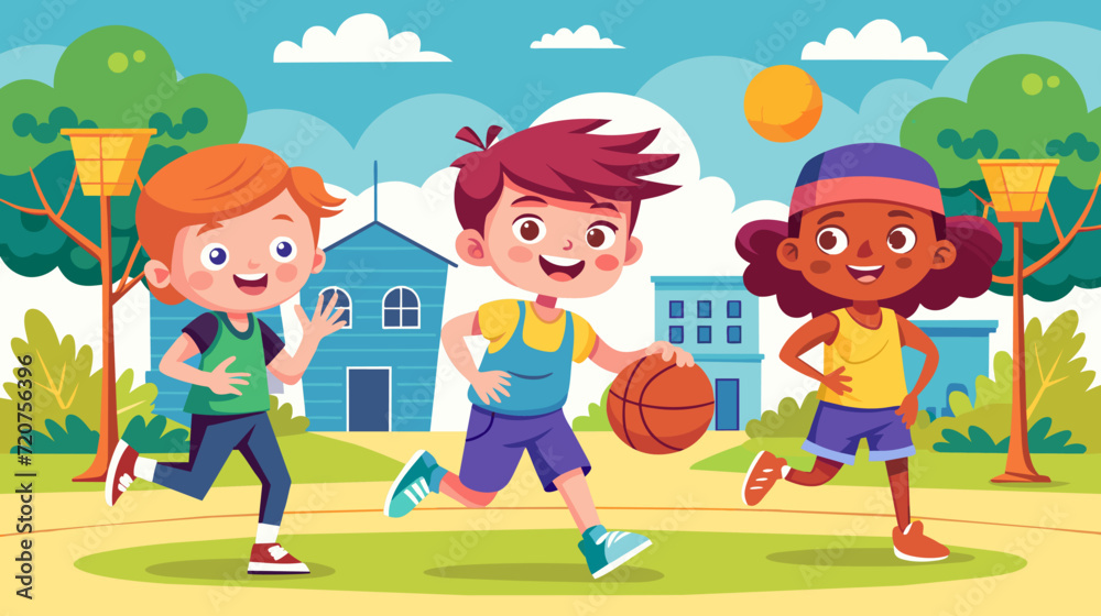 Happy children playing basketball at school playground vector
