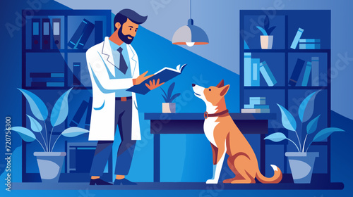 Veterinarian consulting with attentive dog in clinic vector illustration