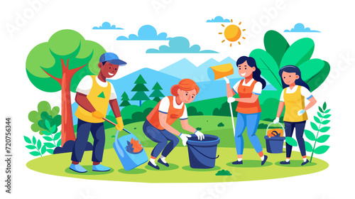 Diverse group of people engaging in a community cleanup outdoors