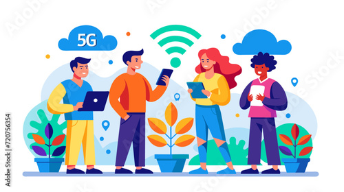 Group of people using 5g network on devices outdoors, vector illustration