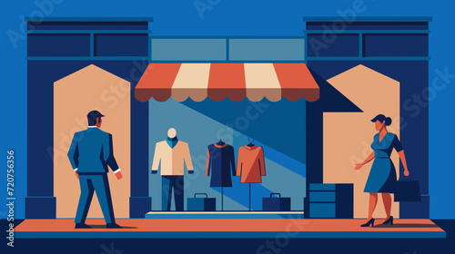Stylish boutique storefront with fashionable mannequins and shoppers vector illustration
