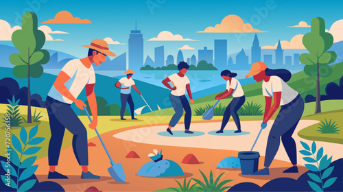 Community park cleanup activity vector illustration with cityscape background