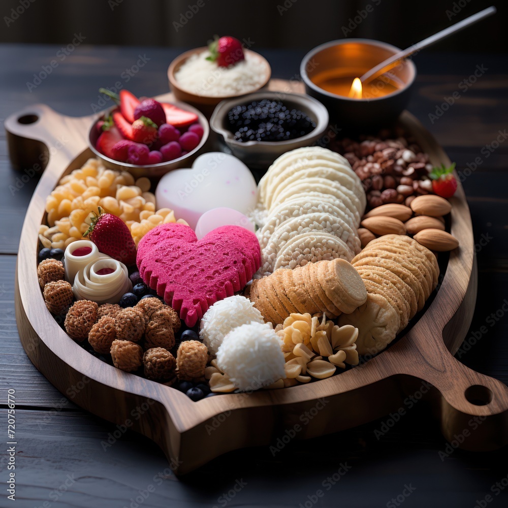 Board with Crackers Cookies and Various sweets in the shape of a heart. Food photography Board with Crackers Cookies and Various sweets in the shape of a heart. Food photography