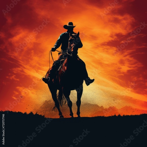 A cowboy rides a mustang in the silhouette of a rodeo performance