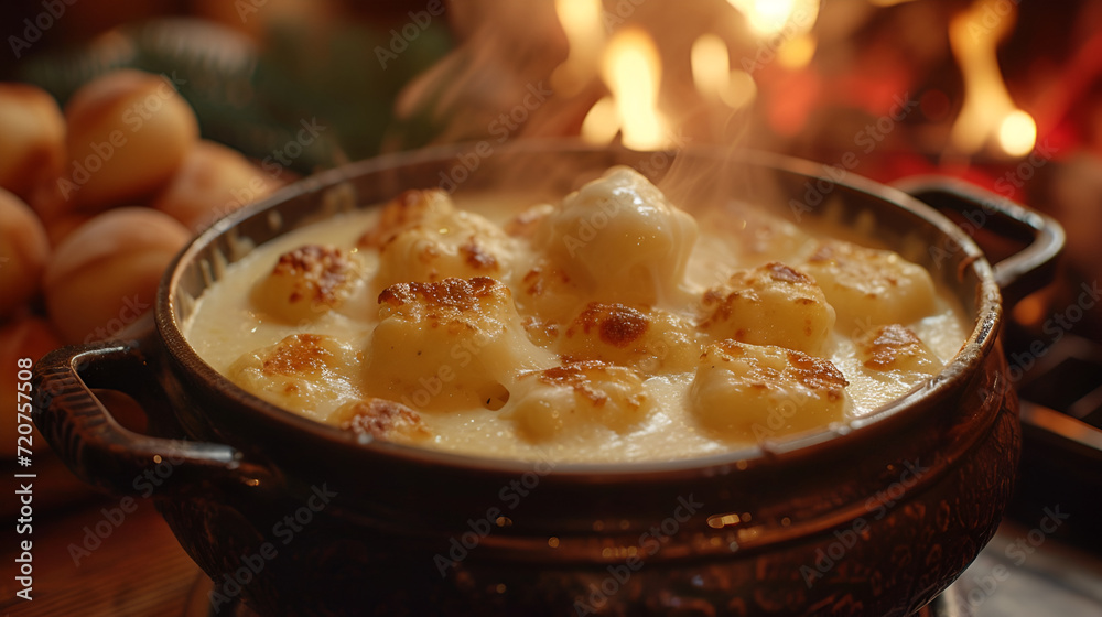 Bubbling cheese fondue with golden-browned potatoes, a hearty dish in an ornate pot by a warm fireside
