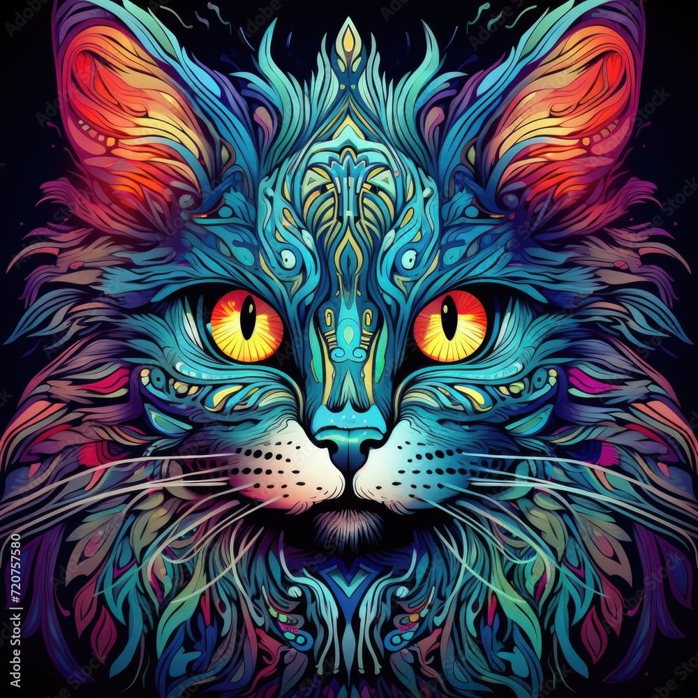 A drawing of a cat's face, psychedelic art, outlined art A drawing of a cat's face, psychedelic art, outlined art