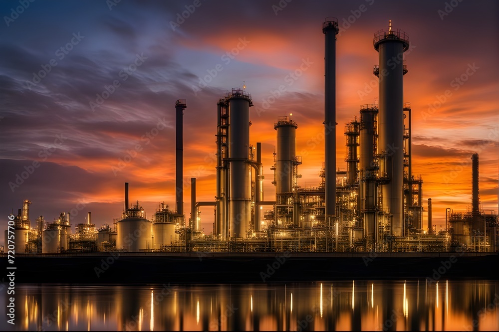 breathtaking scene of a petrochemical refinery at sunset, emphasizing the industrial beauty of the facility.