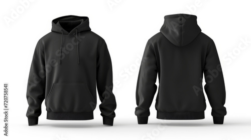 Black hoodie with a blank front and back view, mockup, white background.