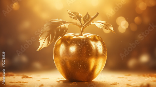 Golden shining apple fruit with leaves on a golden yellow background. Forbidden fruit is the sweetest.