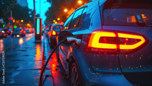electric power station is charging a car at a city street generative AI © Serega
