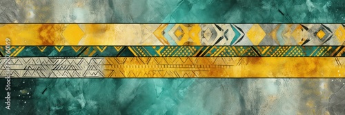 Mustard, teal, and silver seamless African pattern, tribal motifs grunge texture on textile background photo