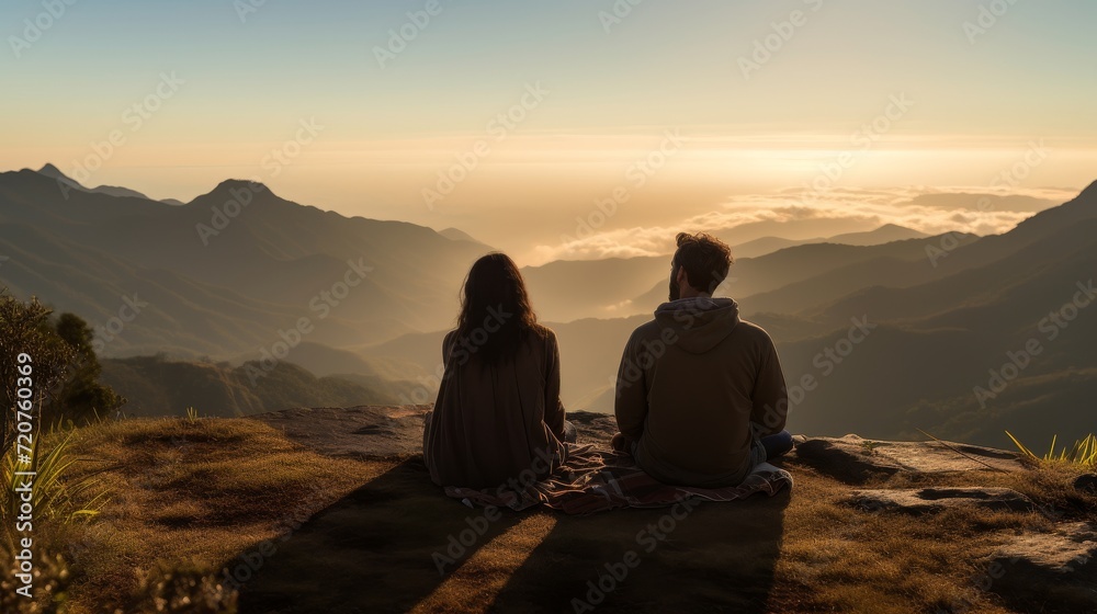 a Couple meditating together on a mountain top