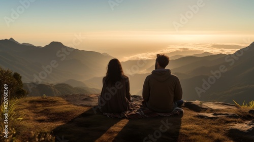 a Couple meditating together on a mountain top