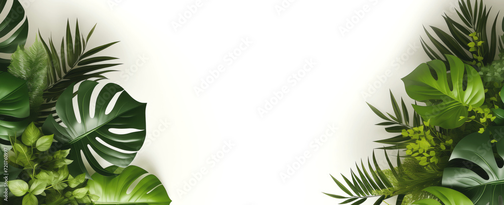 Banner with green tropical leaves on white background