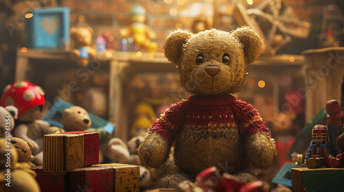 A collection of classic toys like teddy bears, wooden blocks, and old-fashioned dolls. Generative AI