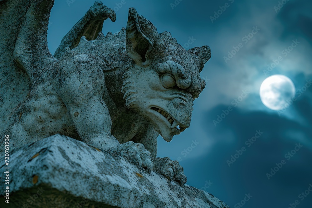 Fototapeta premium A close-up of a spooky gargoyle statue against a moonlit sky