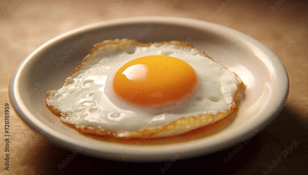 Freshly cooked fried egg on a wooden plate, healthy breakfast generated by AI Freshly cooked fried egg on a wooden plate, healthy breakfast generated by AI