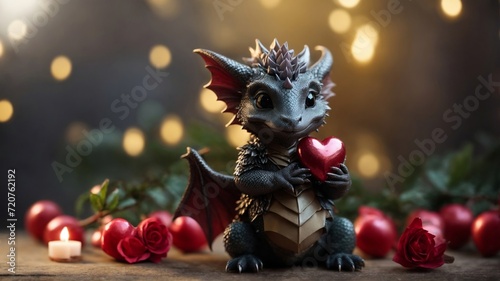 A small, cute dragon holding a heart in her hands. congratulations on valentine's day. Valentines Day love. Generative AI