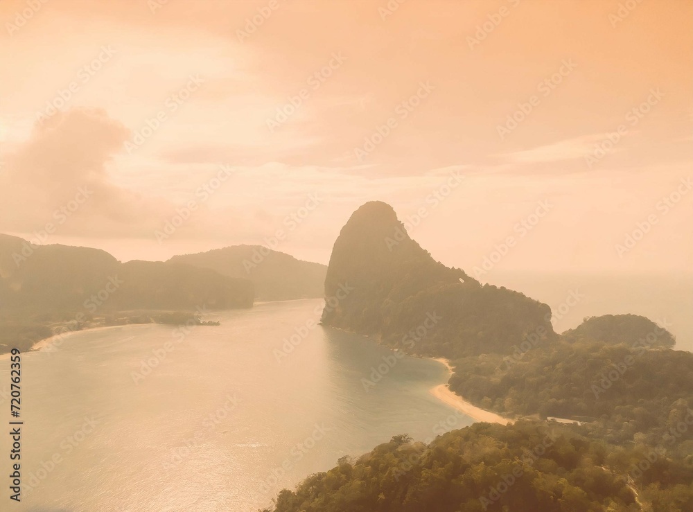 Dusk over Thailand islands. Panoramic view of Asian archipelago.