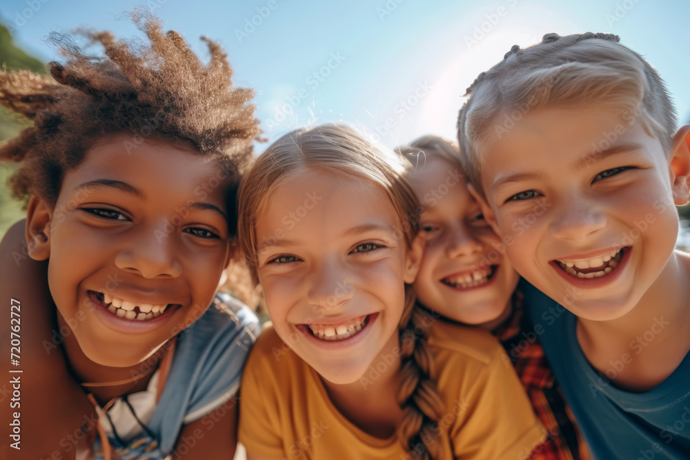 A heartwarming portrait capturing a group of diverse, cheerful, and happy children of various ethnic backgrounds enjoying outdoor activities together.Diversity Conecpt A heartwarming portrait capturing a group of diverse, cheerful, and happy children of various ethnic backgrounds enjoying outdoor activities together.Diversity Conecpt