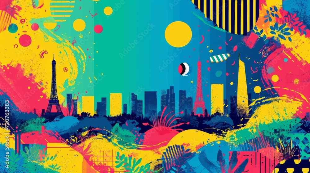 Obraz premium Abstract urban landscape with a playful mix of colors and shapes, evoking a city's dynamic atmosphere.