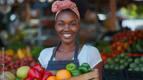 Portrait of a Black Female Working at a Farmers Market Stall with Fresh Organic Agricultural Products. African Businesswoman Holding a Crate with Fruits and Vegetables  Looking at Camera and Smiling